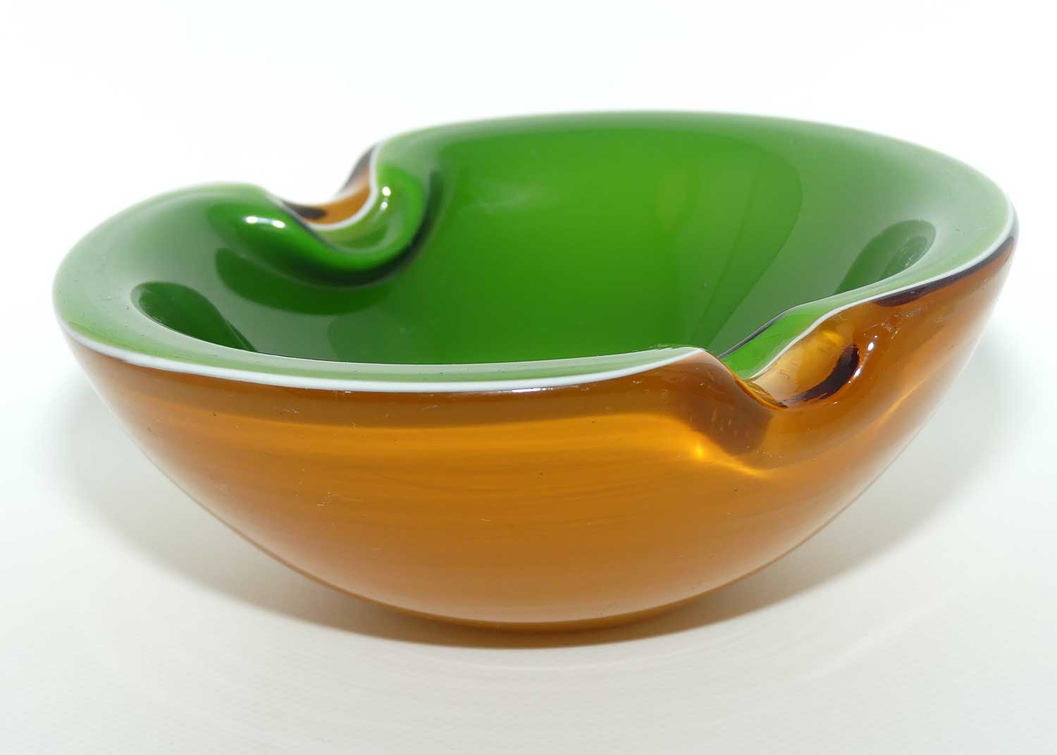 Murano Glass Opaque Cased Biomorphic Bowl | attrib Barbini | Amber Green and White