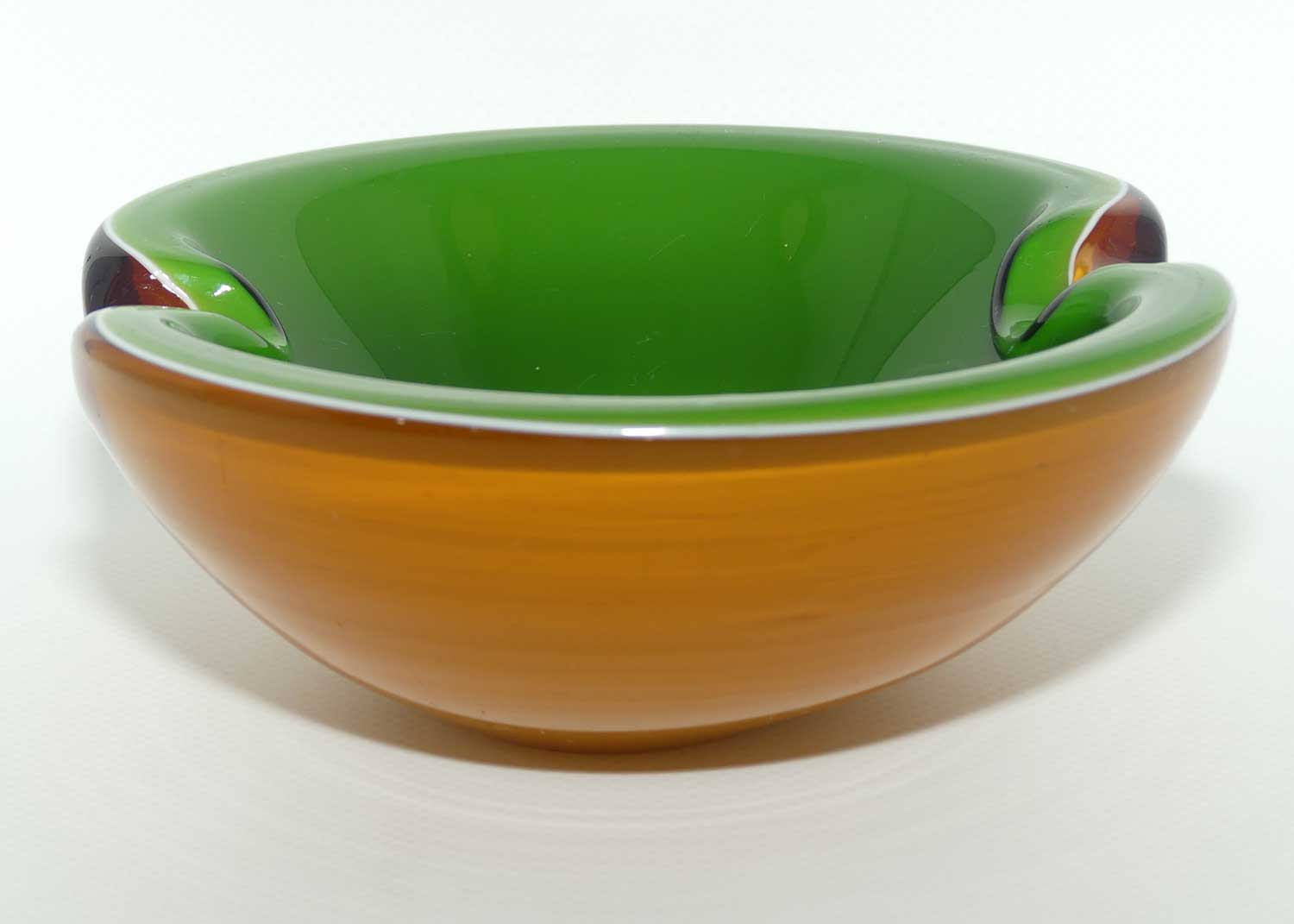 Murano Glass Opaque Cased Biomorphic Bowl | attrib Barbini | Amber Green and White