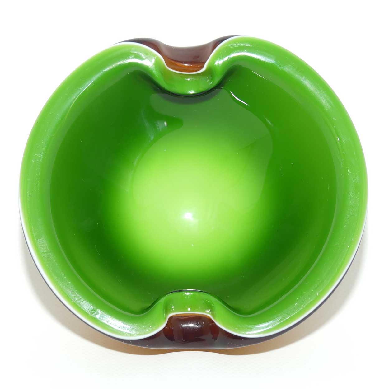 Murano Glass Opaque Cased Biomorphic Bowl | attrib Barbini | Amber Green and White