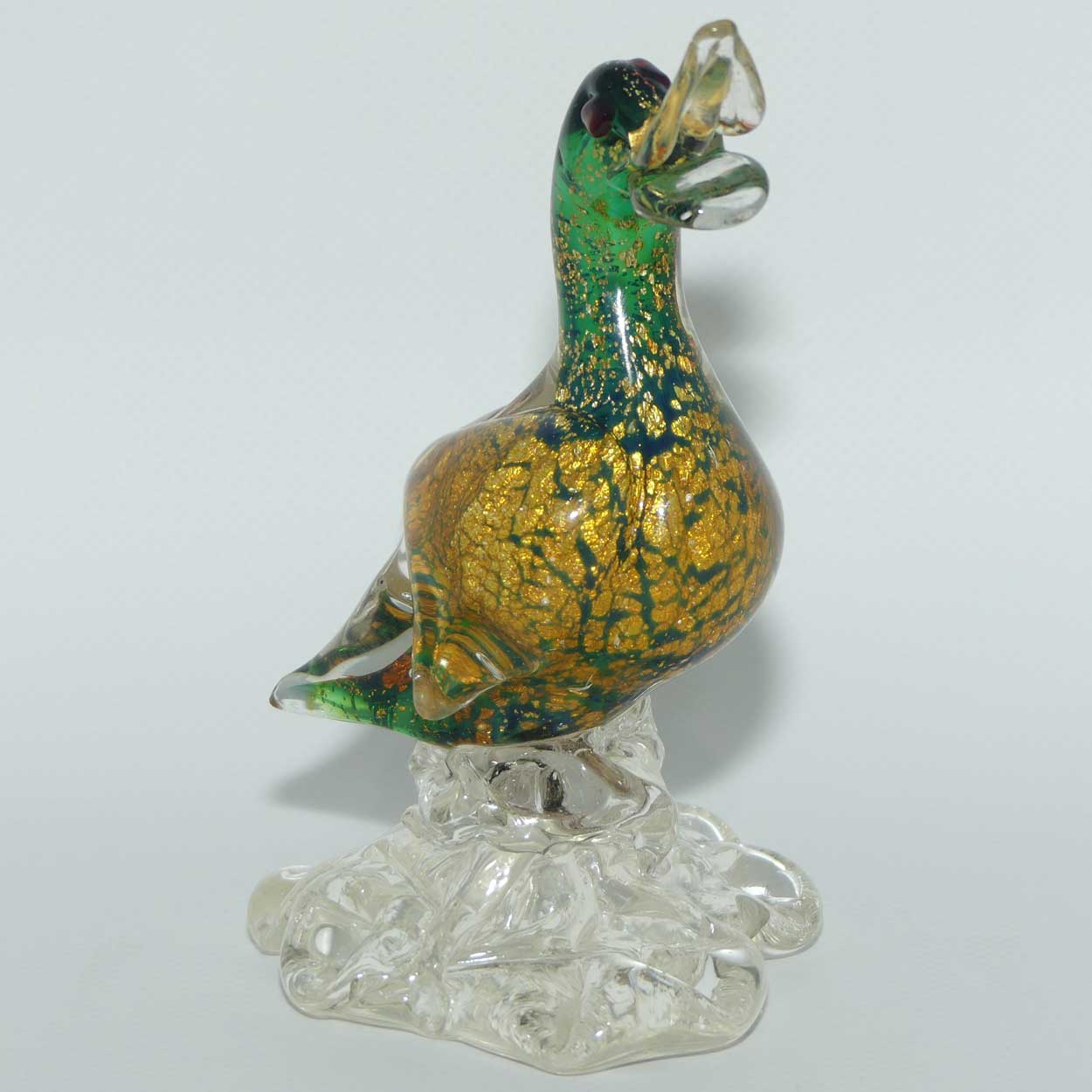 Murano Glass Green and Heavy Gold fleck Duck on clear base