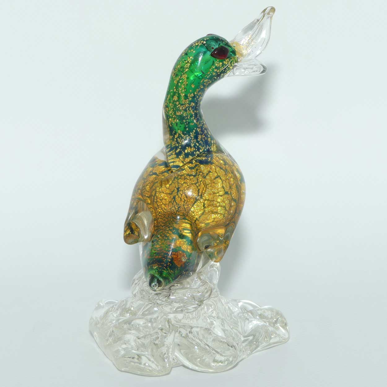 Murano Glass Green and Heavy Gold fleck Duck on clear base