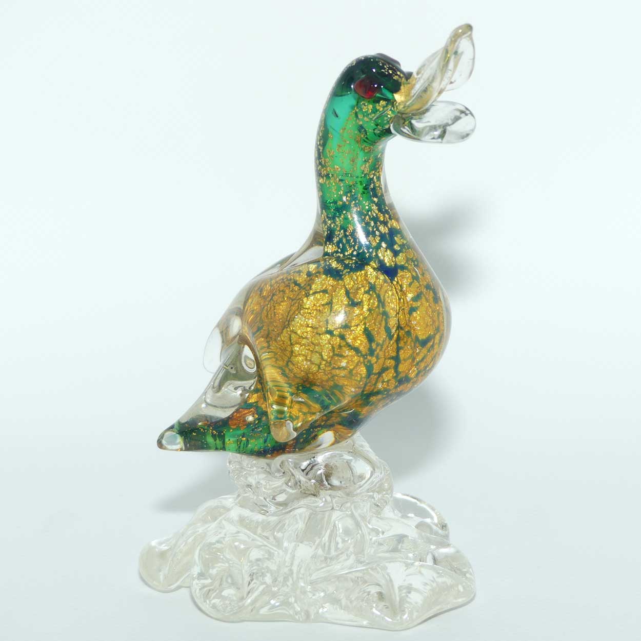 Murano Glass Green and Heavy Gold fleck Duck on clear base