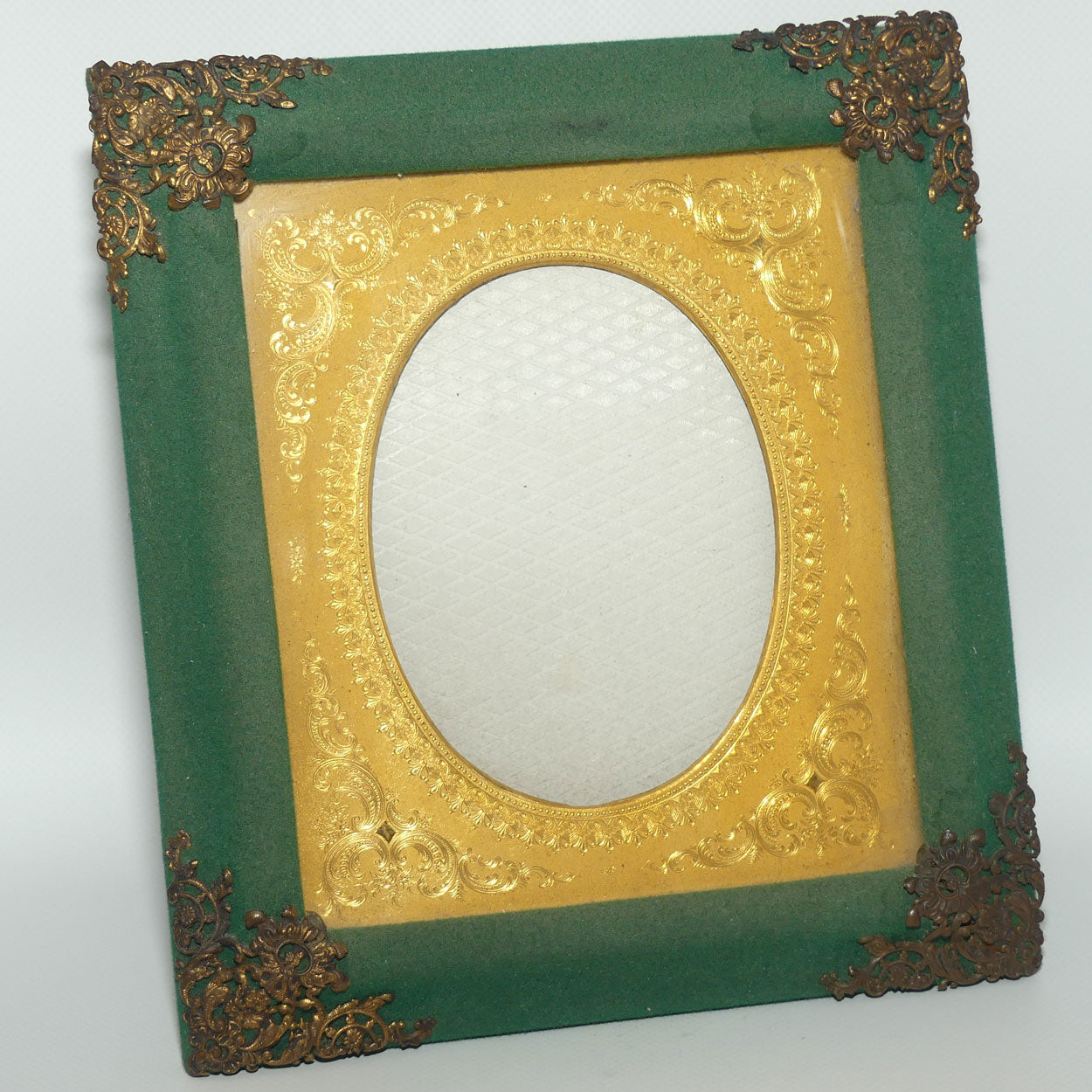 Antique Victorian era Green velvet frame with Decorative Brass corners and Gilt Surround