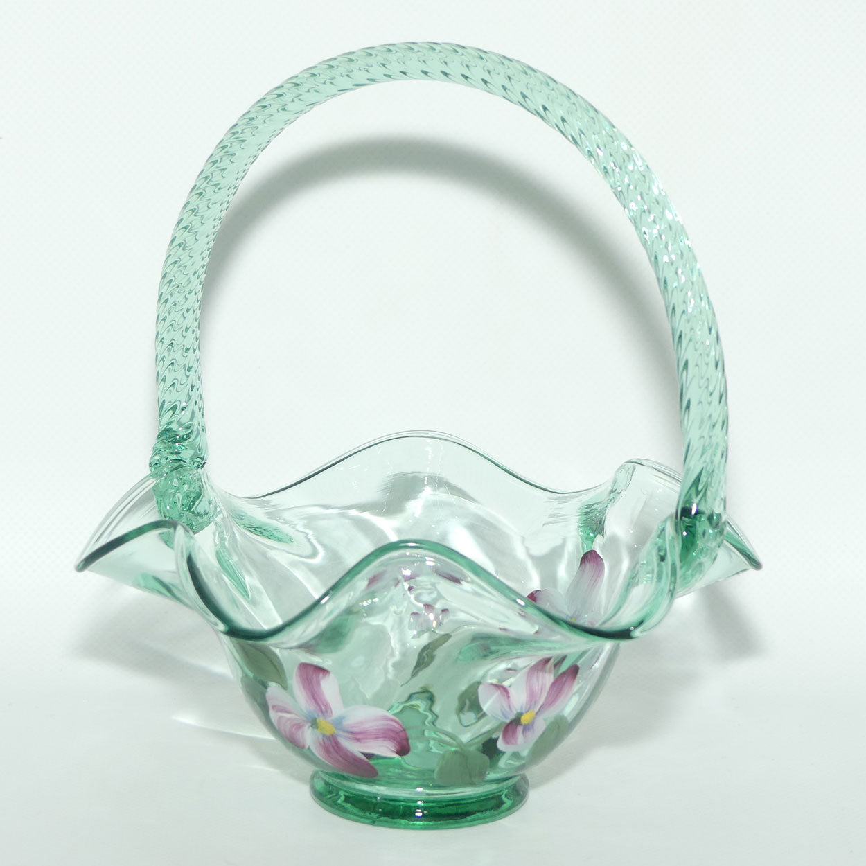 Vintage Fenton Sea Mist Green Glass basket | Hand Painted and Signed
