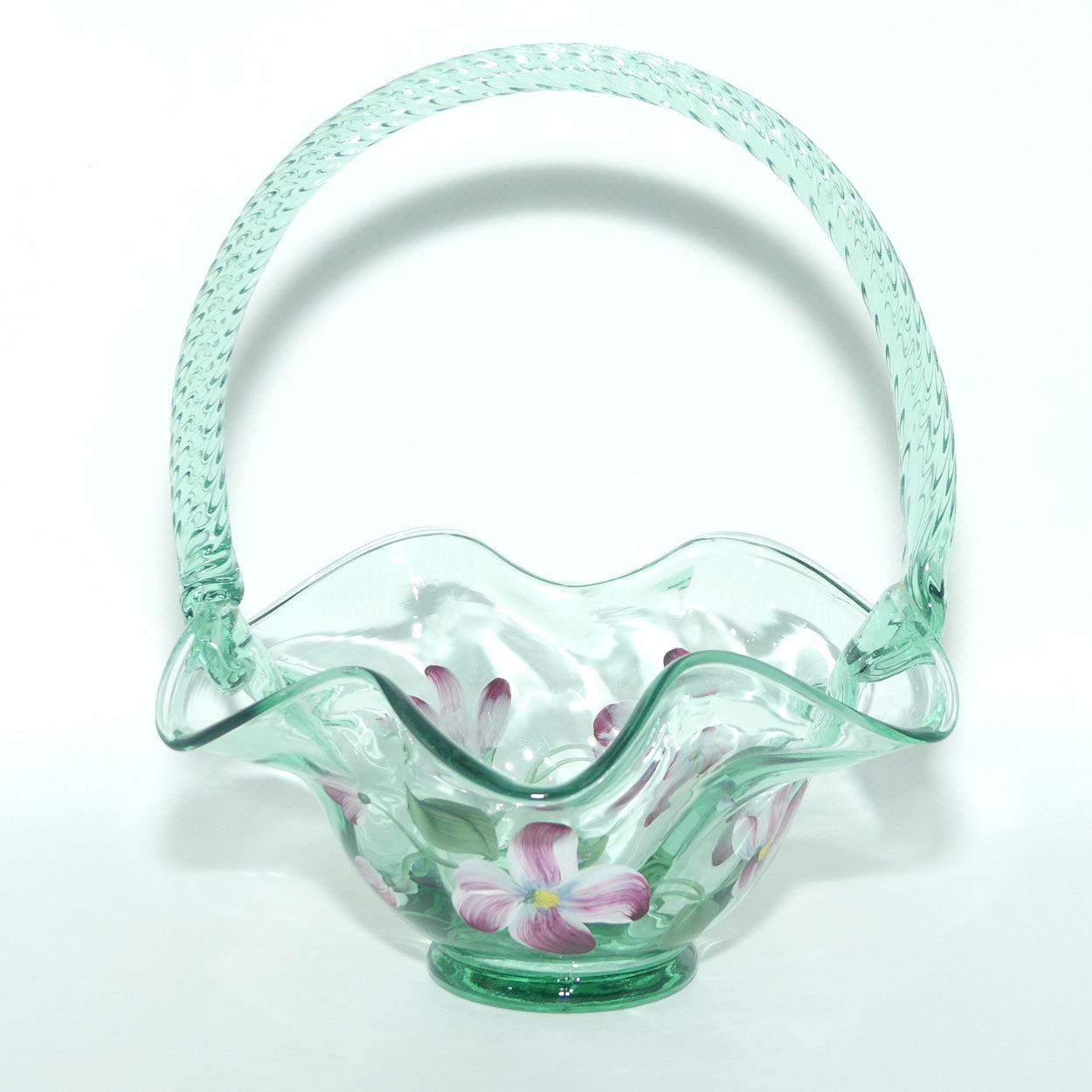Vintage Fenton Sea Mist Green Glass basket | Hand Painted and Signed