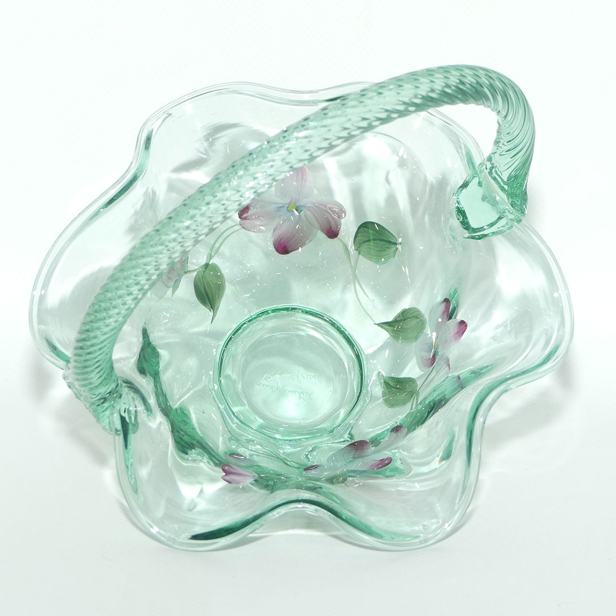 Vintage Fenton Sea Mist Green Glass basket | Hand Painted and Signed