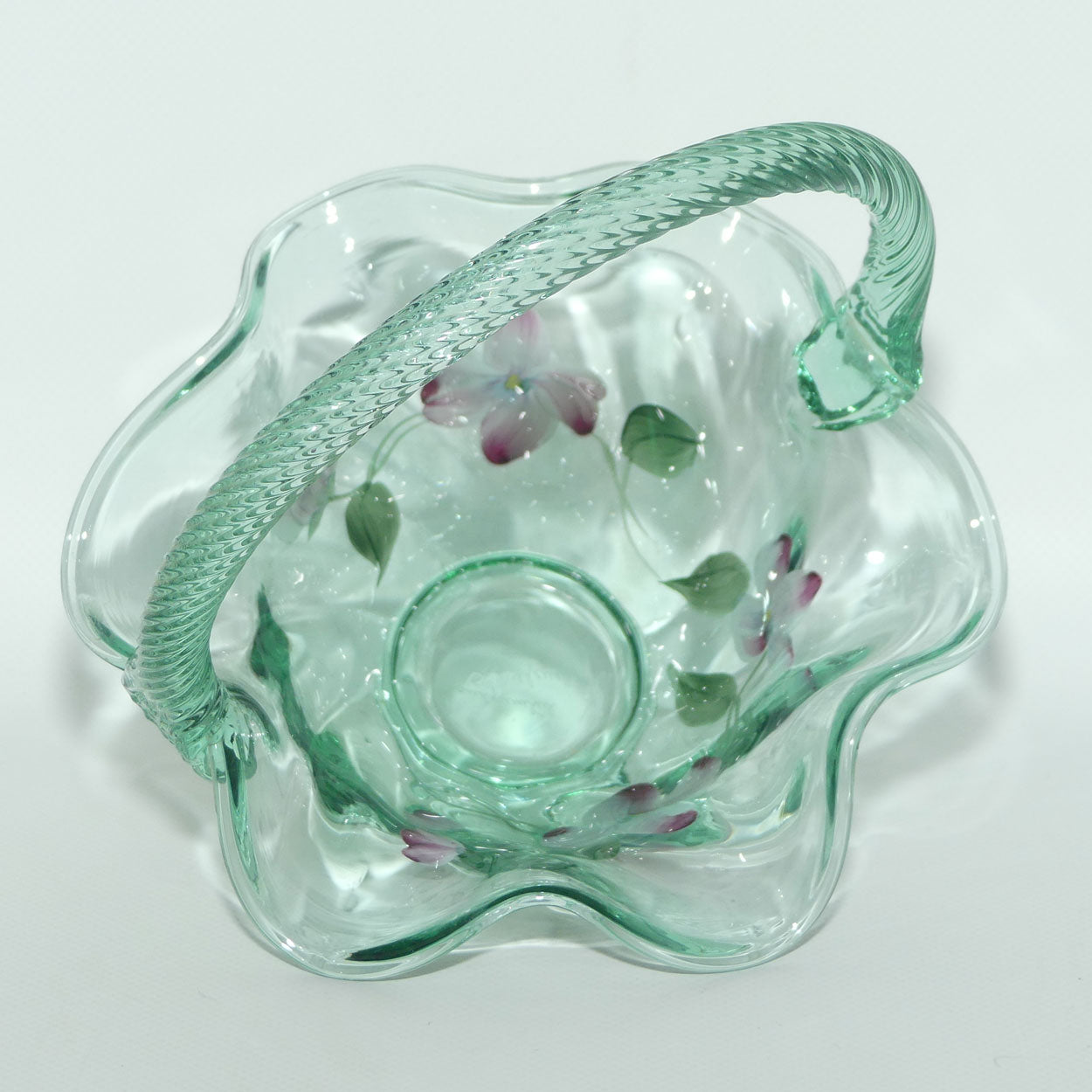 Vintage Fenton Sea Mist Green Glass basket | Hand Painted and Signed