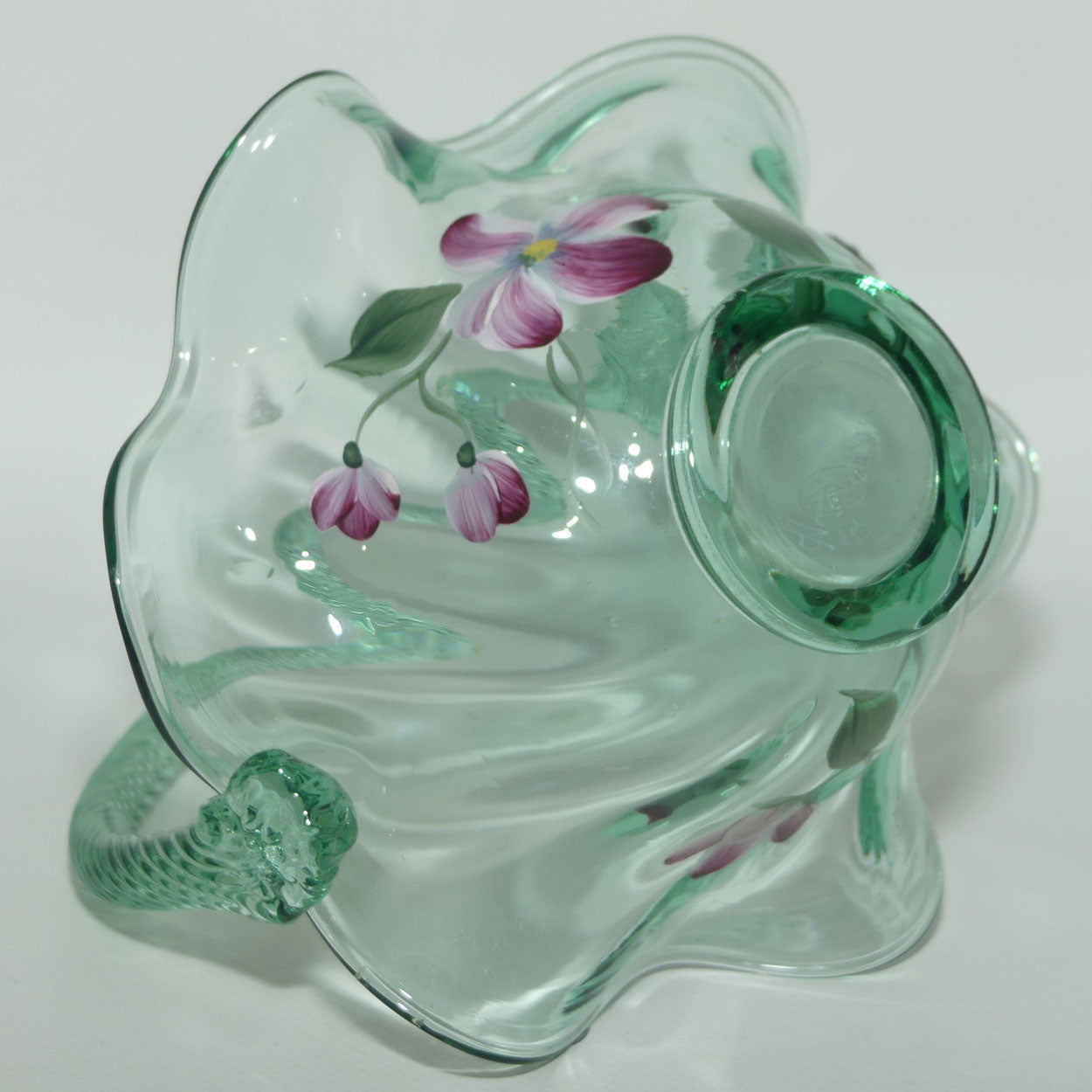 Vintage Fenton Sea Mist Green Glass basket | Hand Painted and Signed