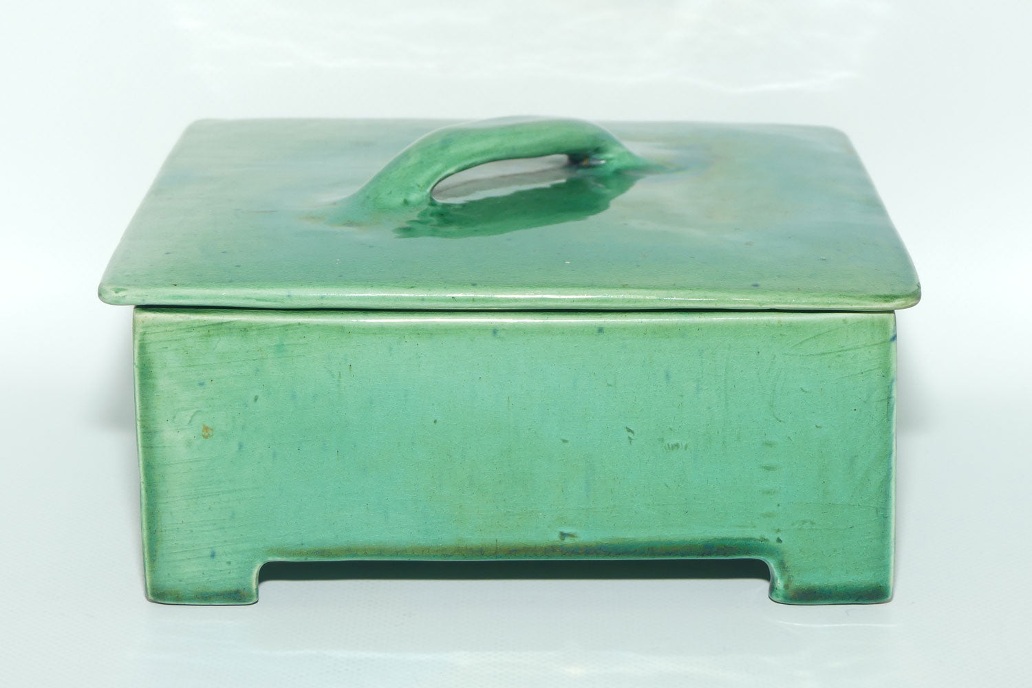Australian Pottery | Harvey School Queensland Large Green Handkerchief flat box | signed Seal