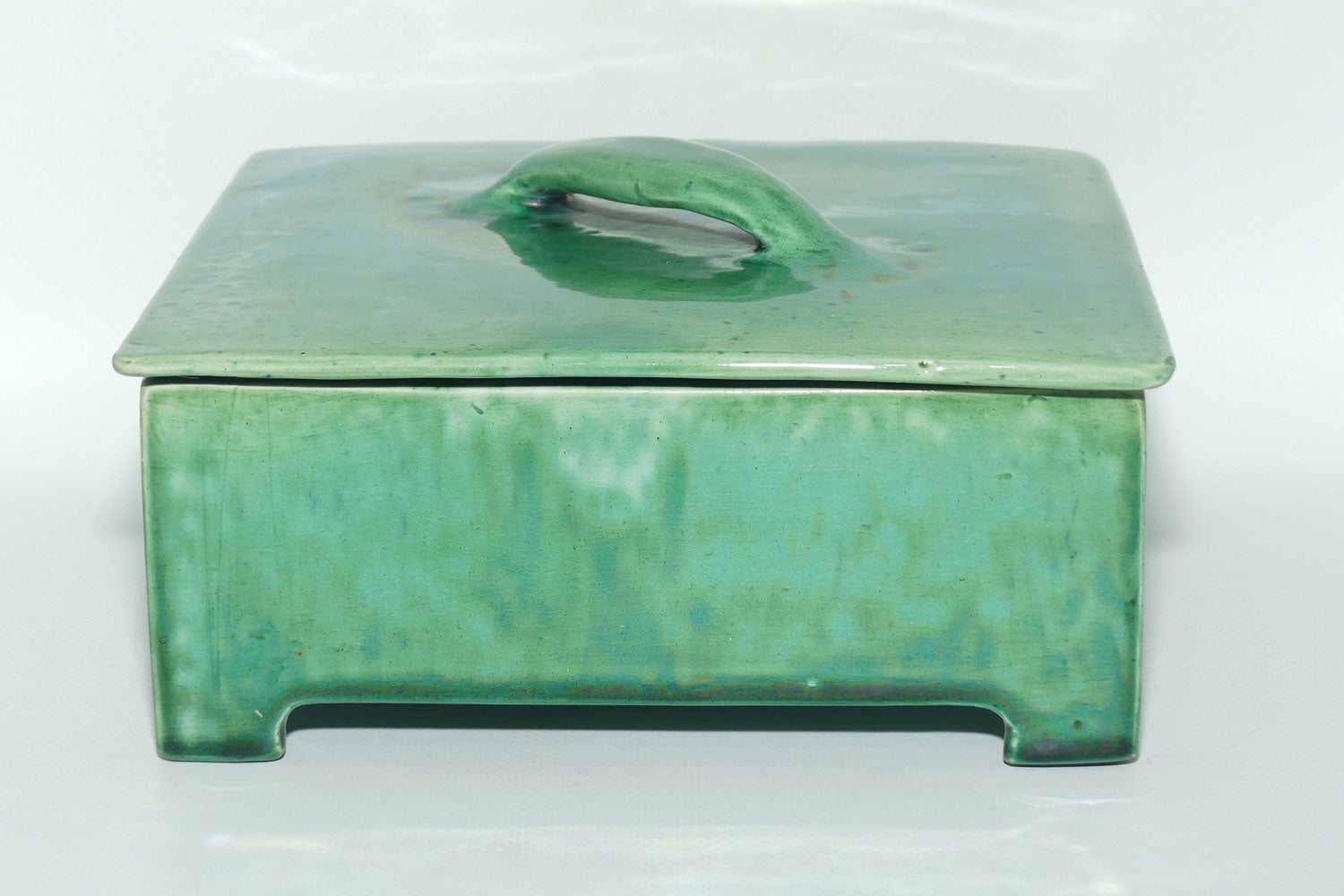 Australian Pottery | Harvey School Queensland Large Green Handkerchief flat box | signed Seal