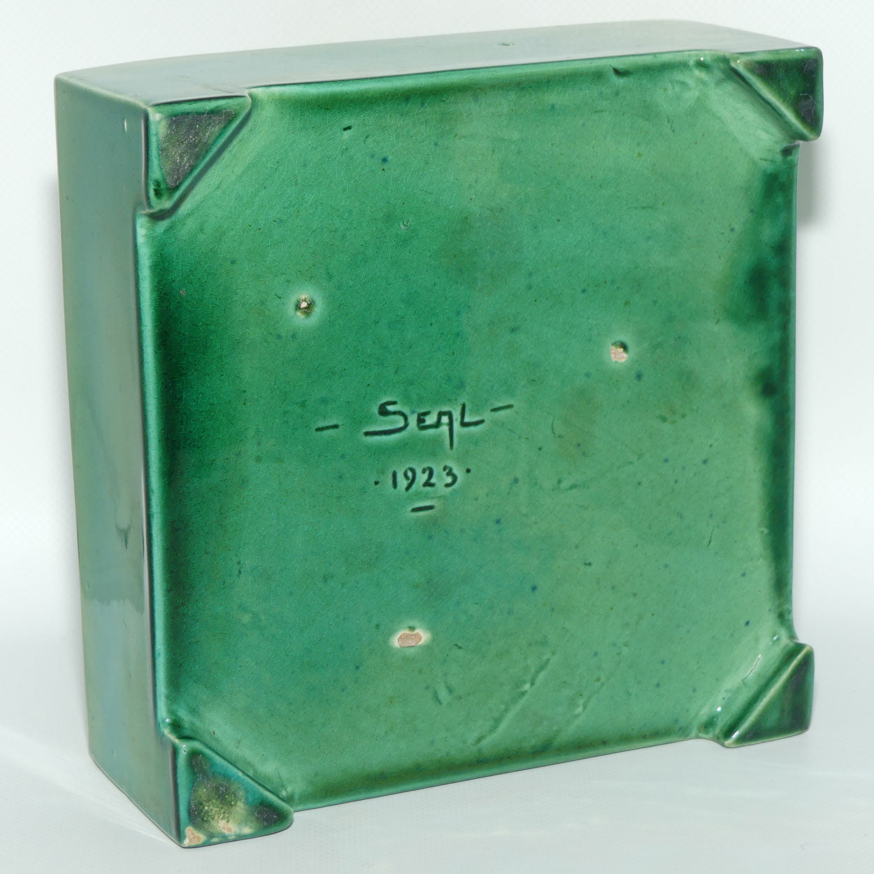 Australian Pottery | Harvey School Queensland Large Green Handkerchief flat box | signed Seal