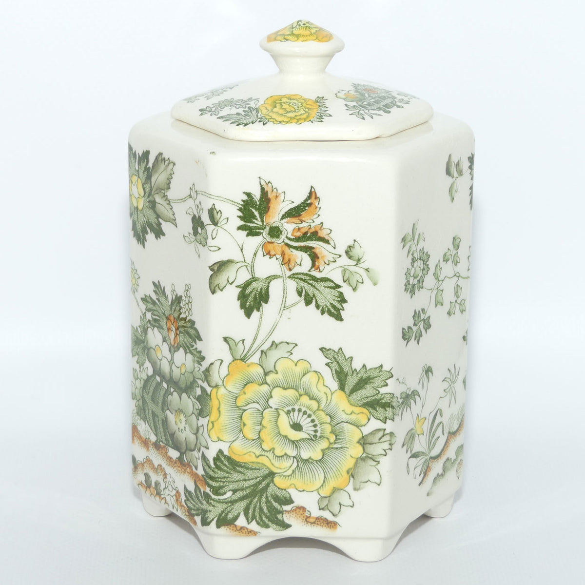 Masons Ironstone Green Henley pattern Hexagonal tea caddy