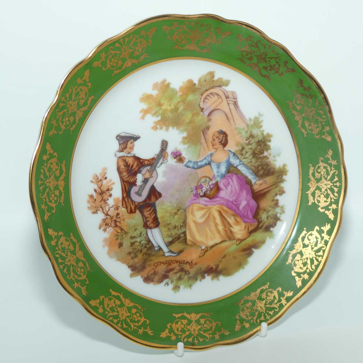 Limoges France Courting Couple plate | Green and Gilt Border | 19cm | signed Fragonard
