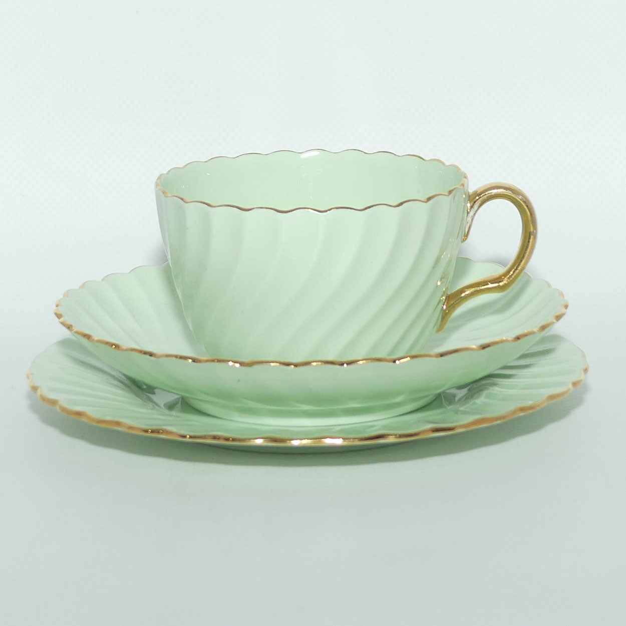 Minton Bone China Sage Green tea trio with Gilt Trim | Swirl design