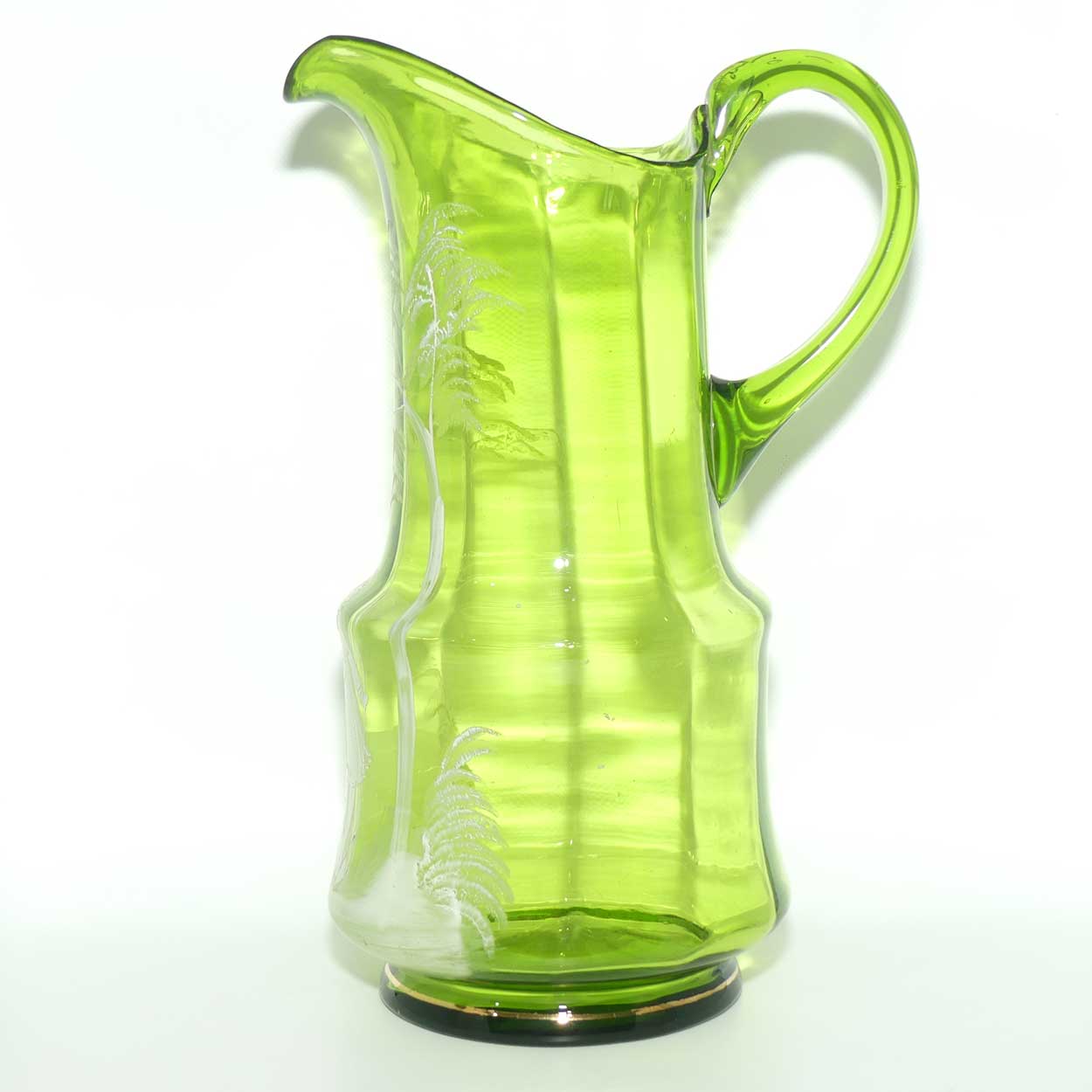 Green Mary Gregory tall glass jug depicting a young girl on swing
