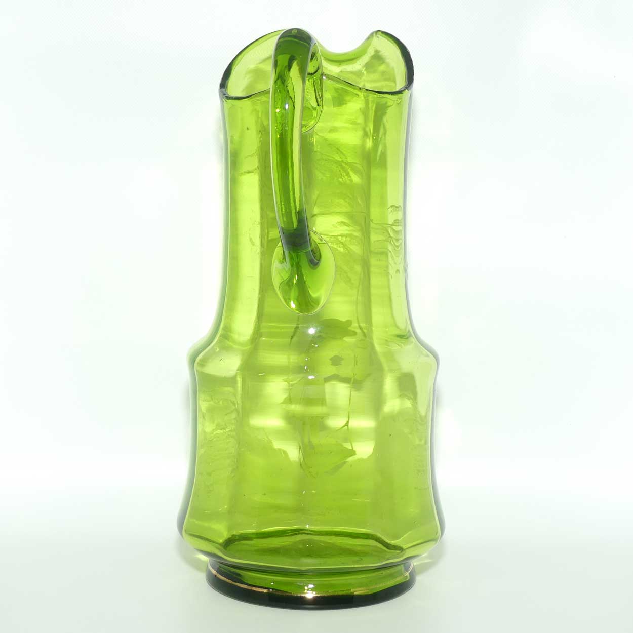 Green Mary Gregory tall glass jug depicting a young girl on swing