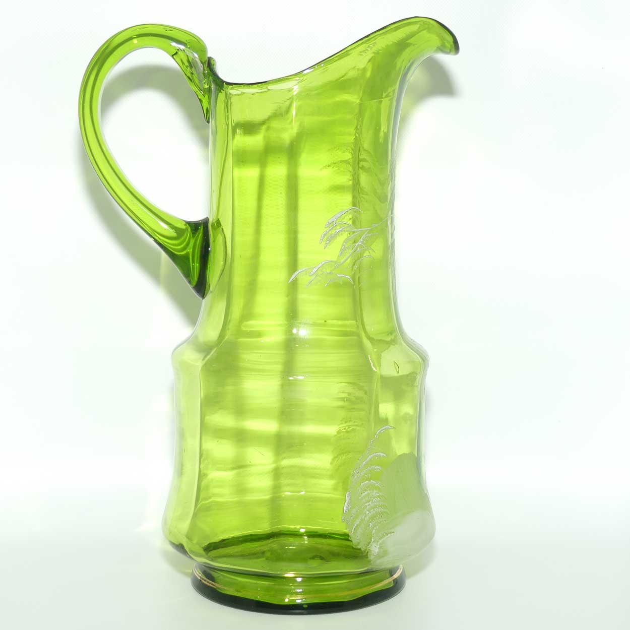 Green Mary Gregory tall glass jug depicting a young girl on swing