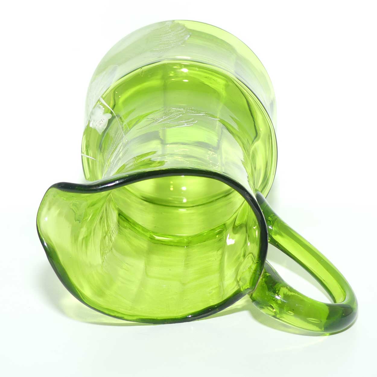 Green Mary Gregory tall glass jug depicting a young girl on swing