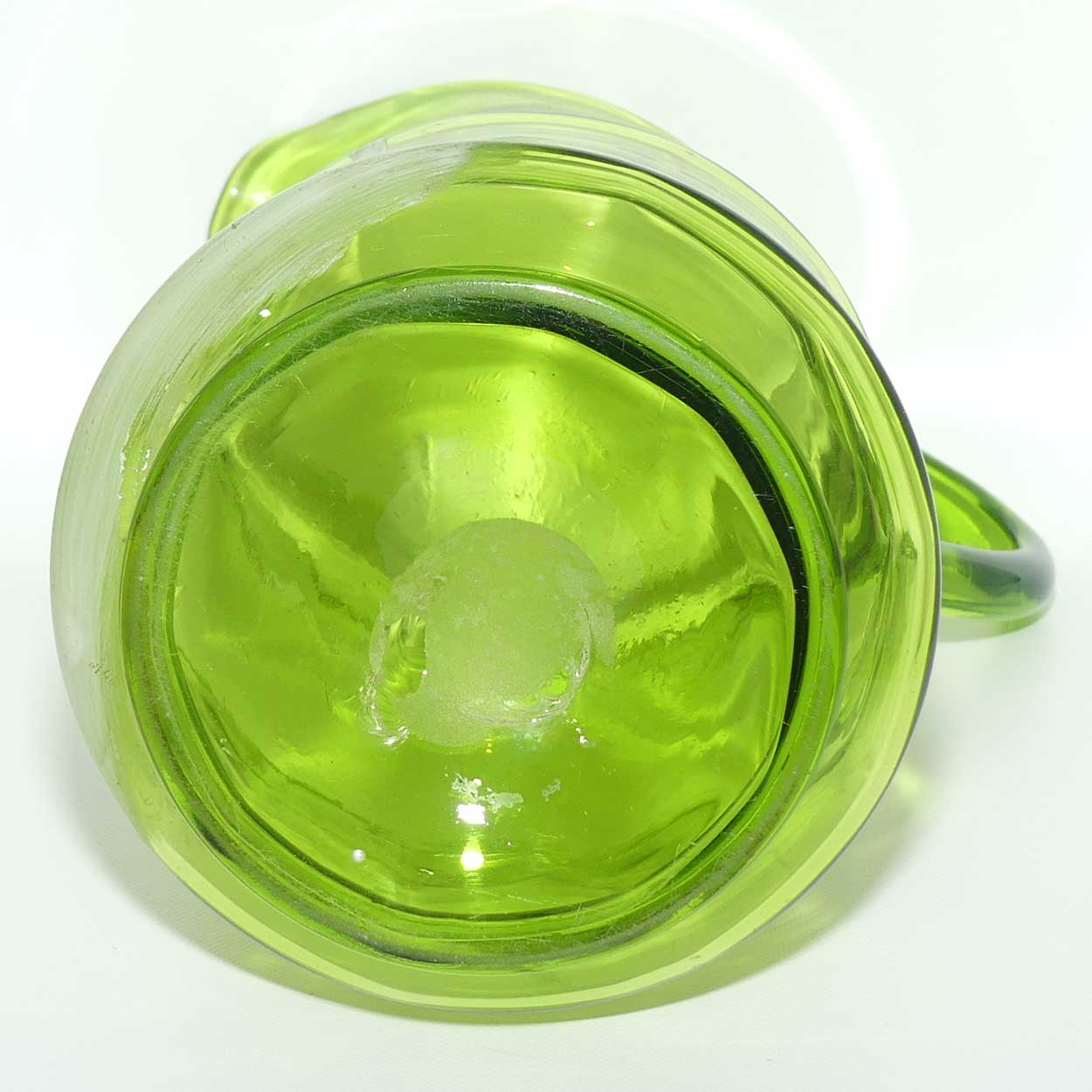 Green Mary Gregory tall glass jug depicting a young girl on swing