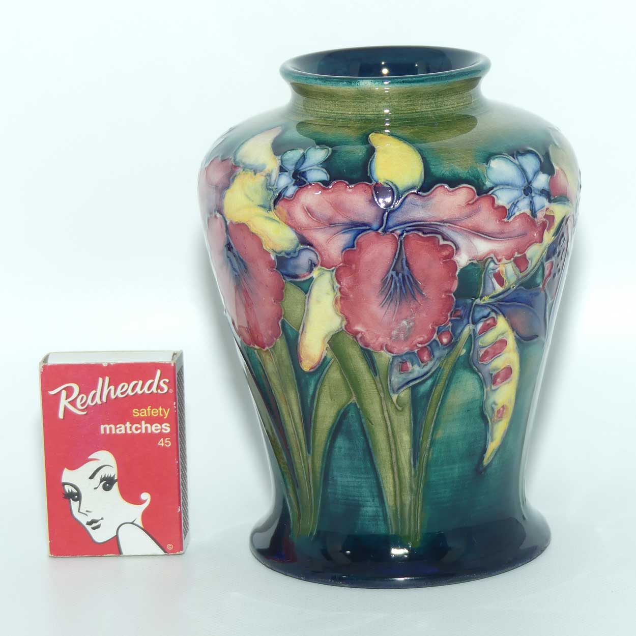 Walter Moorcroft Orchid on Light Green transition to Blue Ground tapering vase