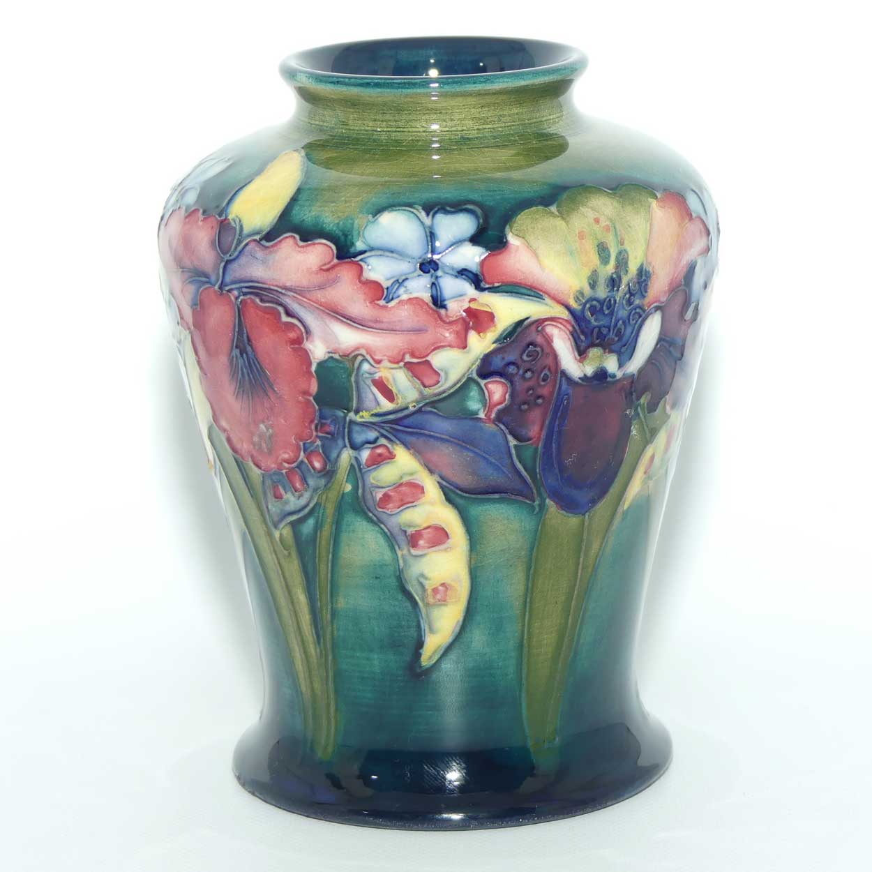 Walter Moorcroft Orchid on Light Green transition to Blue Ground tapering vase