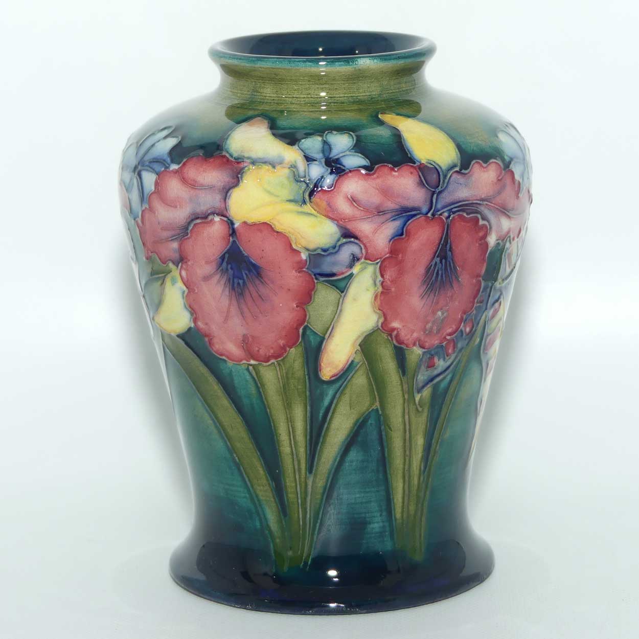 Walter Moorcroft Orchid on Light Green transition to Blue Ground tapering vase