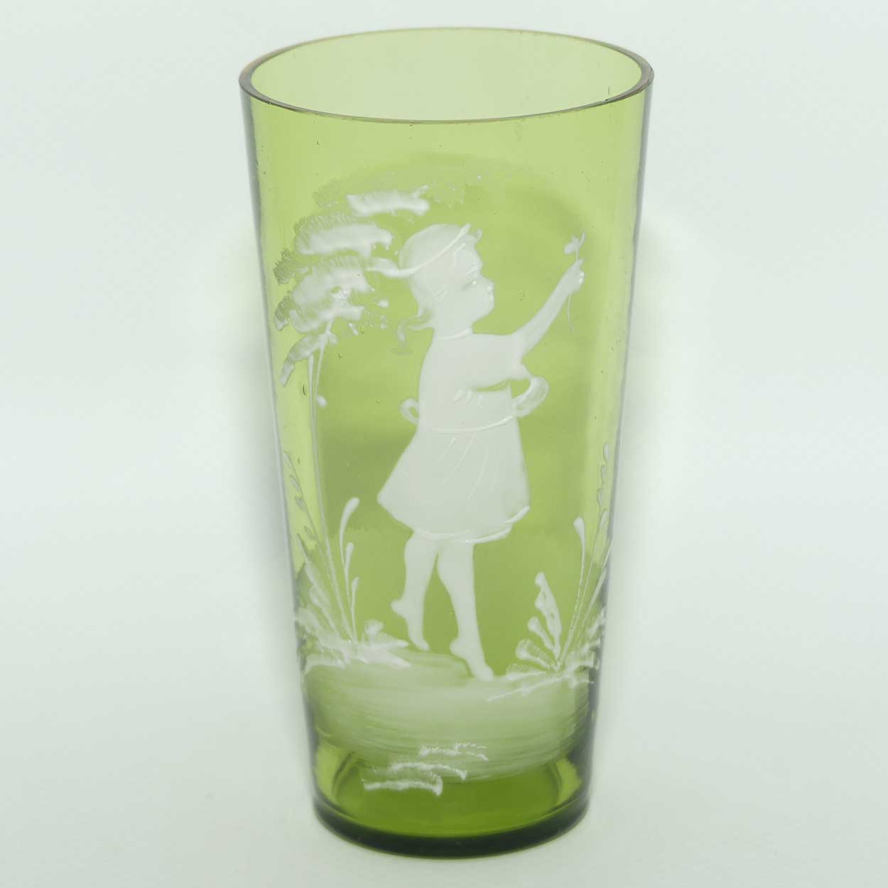 Mary Gregory on Green glass tumbler | Girl with Flower