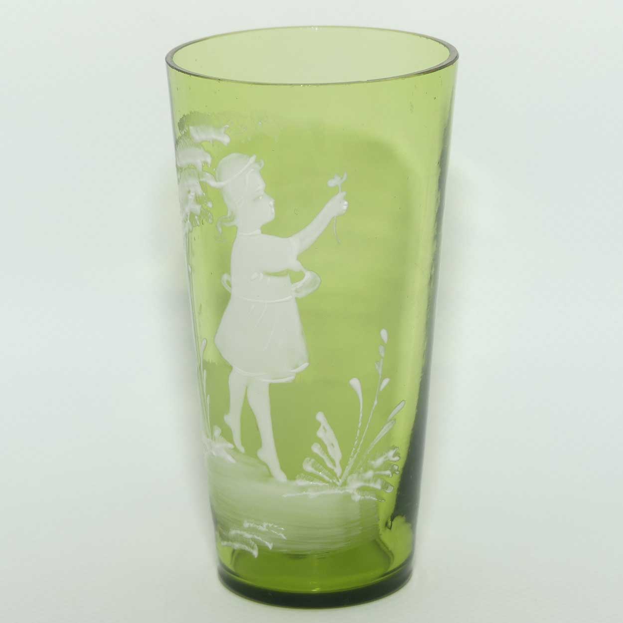 Mary Gregory on Green glass tumbler | Girl with Flower