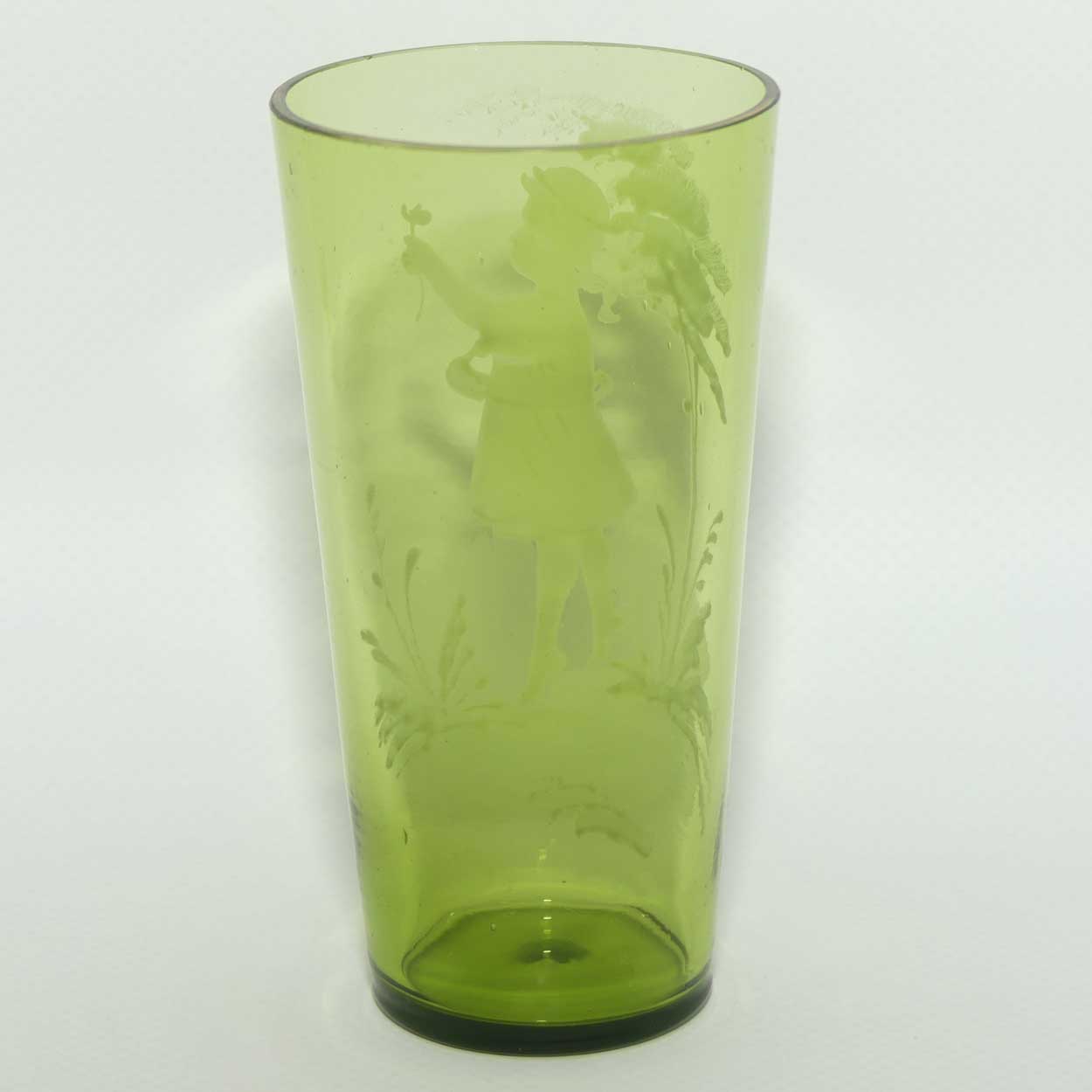 Mary Gregory on Green glass tumbler | Girl with Flower