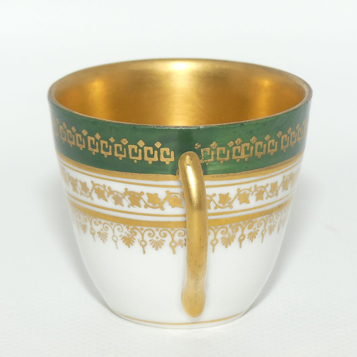 Fine demi tasse duo | Green trim with Gilt Overlay and Gilt Interior
