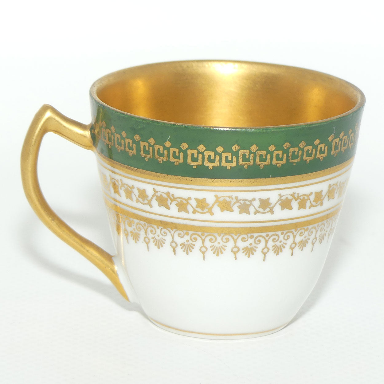 Fine demi tasse duo | Green trim with Gilt Overlay and Gilt Interior