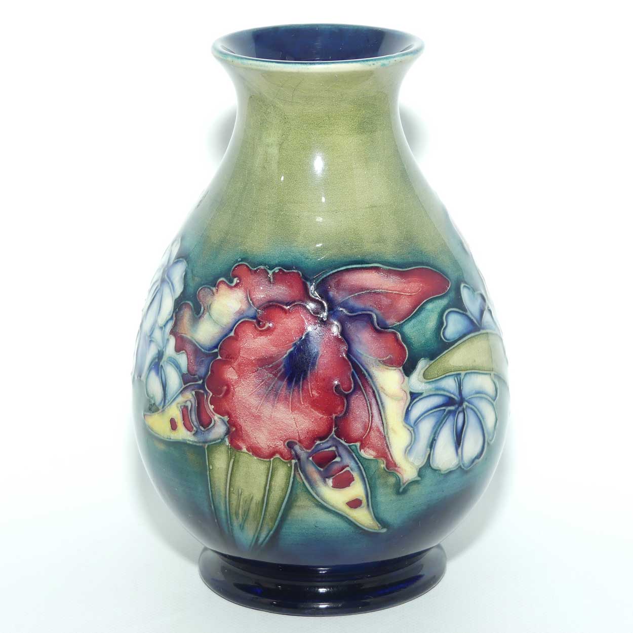 Walter Moorcroft Orchid on Light Green transition to Blue Ground vase | Shape 7