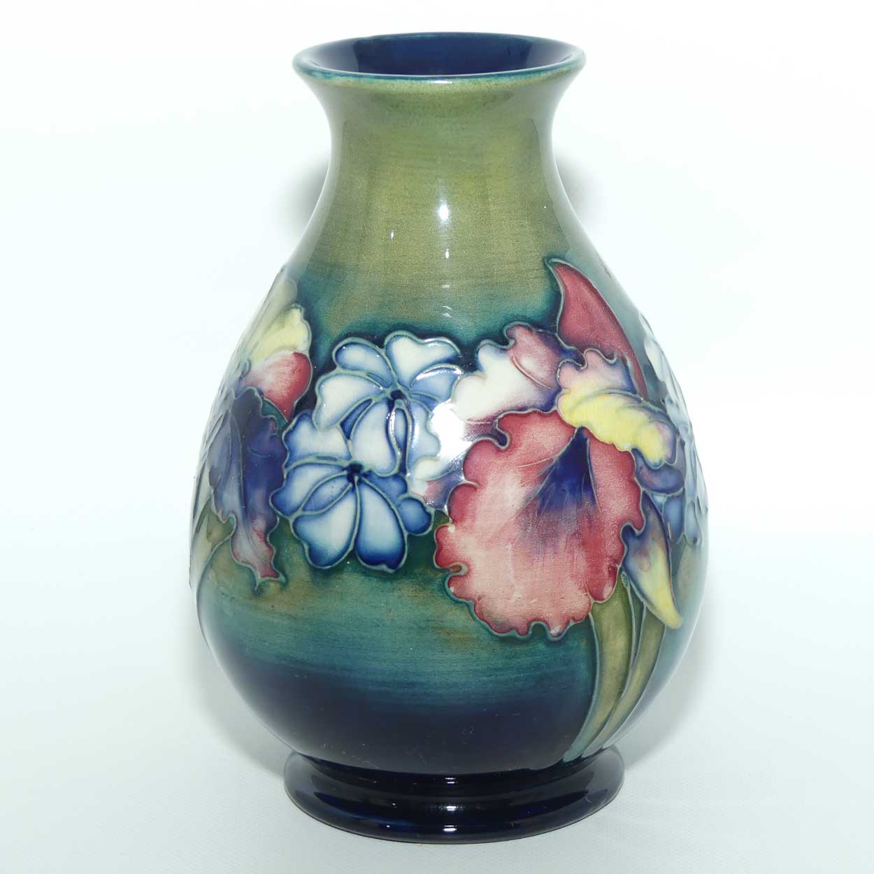 Walter Moorcroft Orchid on Light Green transition to Blue Ground vase | Shape 7