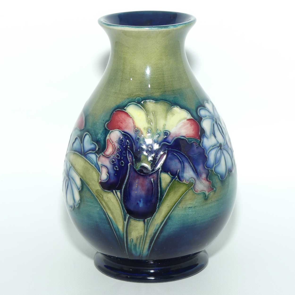 Walter Moorcroft Orchid on Light Green transition to Blue Ground vase | Shape 7