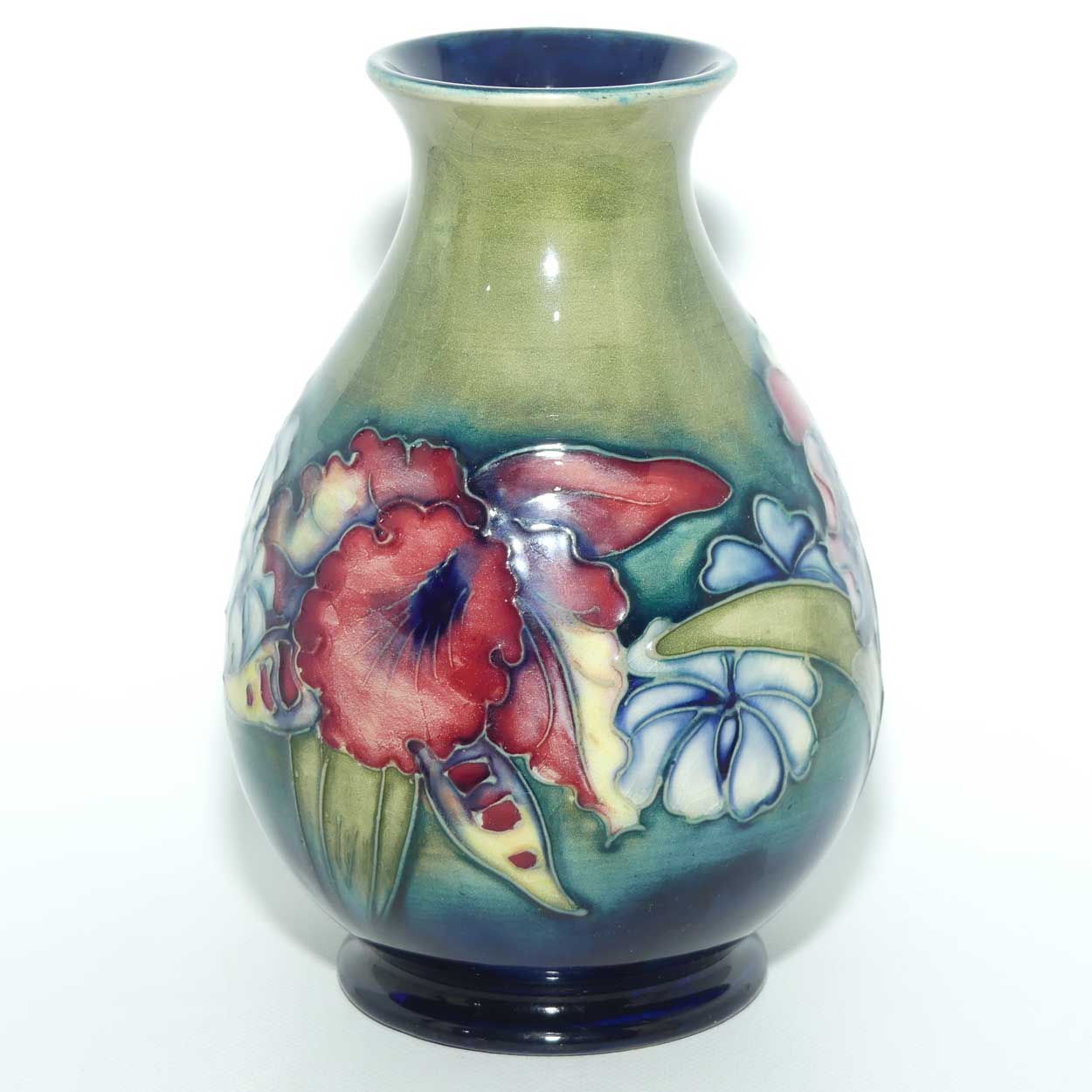 Walter Moorcroft Orchid on Light Green transition to Blue Ground vase | Shape 7