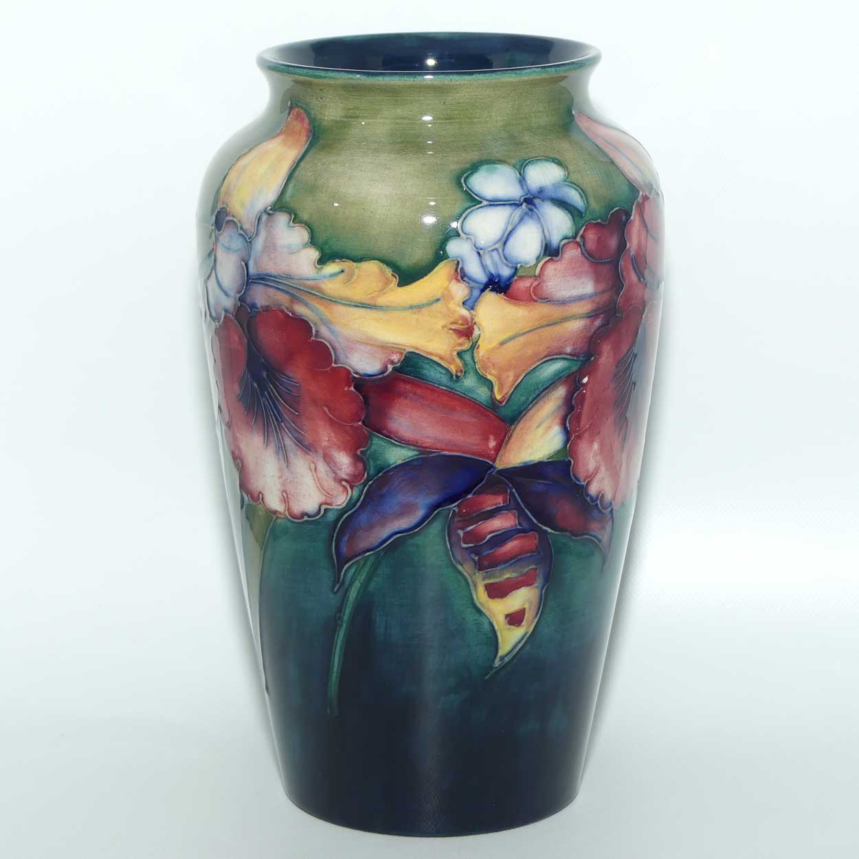 Walter Moorcroft Orchid on Light Green transition to Blue Ground vase | 21cm