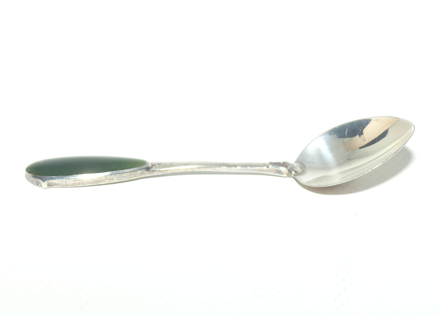 New Zealand Sterling Silver souvenir teaspoon | NZ Greenstone set handle