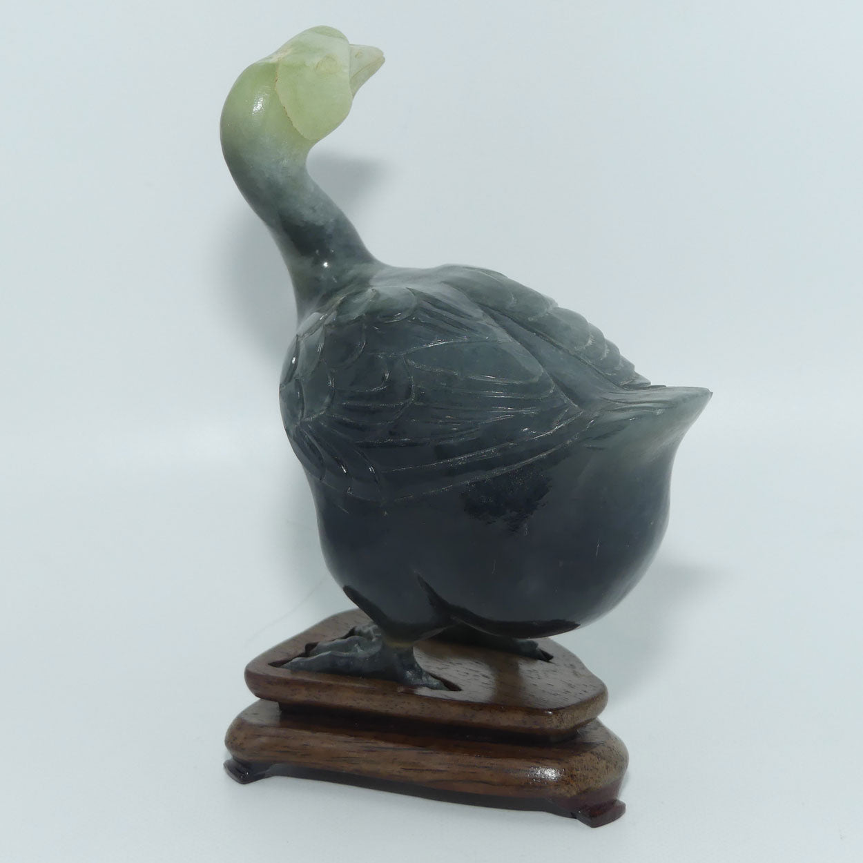 Mid 20th Century Chinese Nephrite Green Jade Guinea Fowl on stand