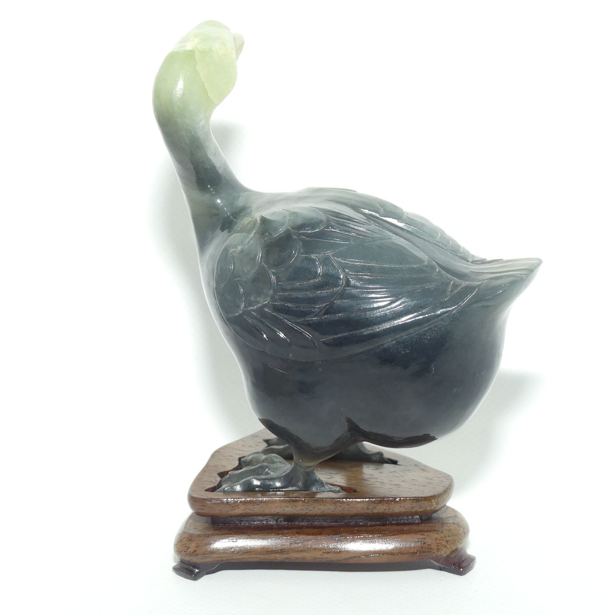 Mid 20th Century Chinese Nephrite Green Jade Guinea Fowl on stand