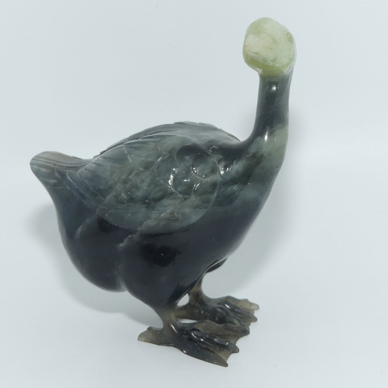 Mid 20th Century Chinese Nephrite Green Jade Guinea Fowl on stand