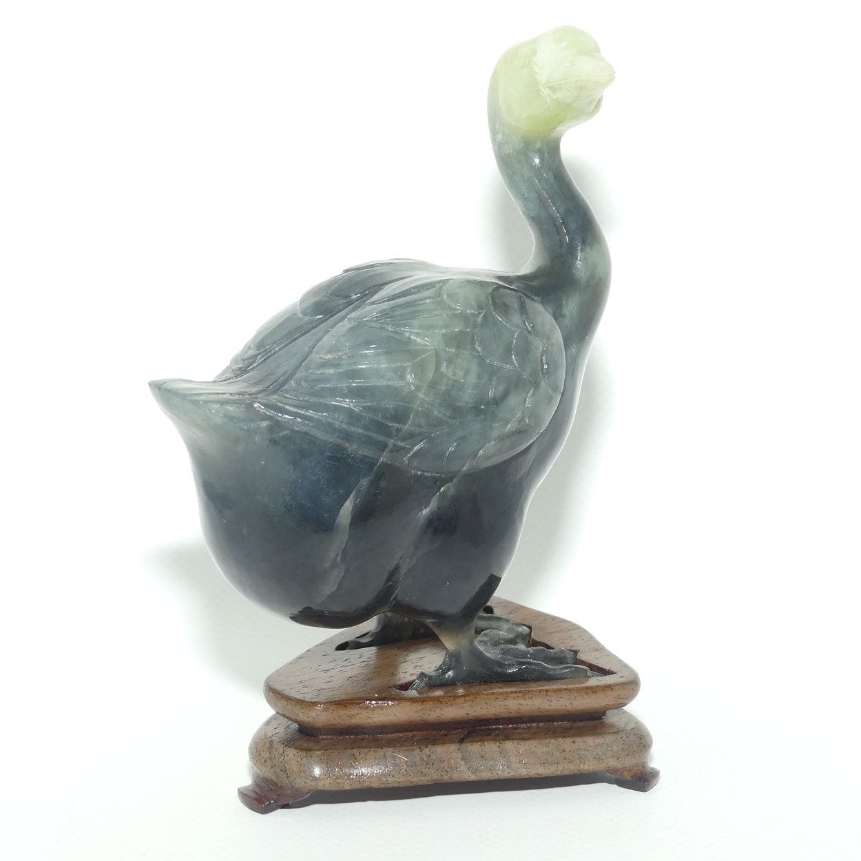 Mid 20th Century Chinese Nephrite Green Jade Guinea Fowl on stand