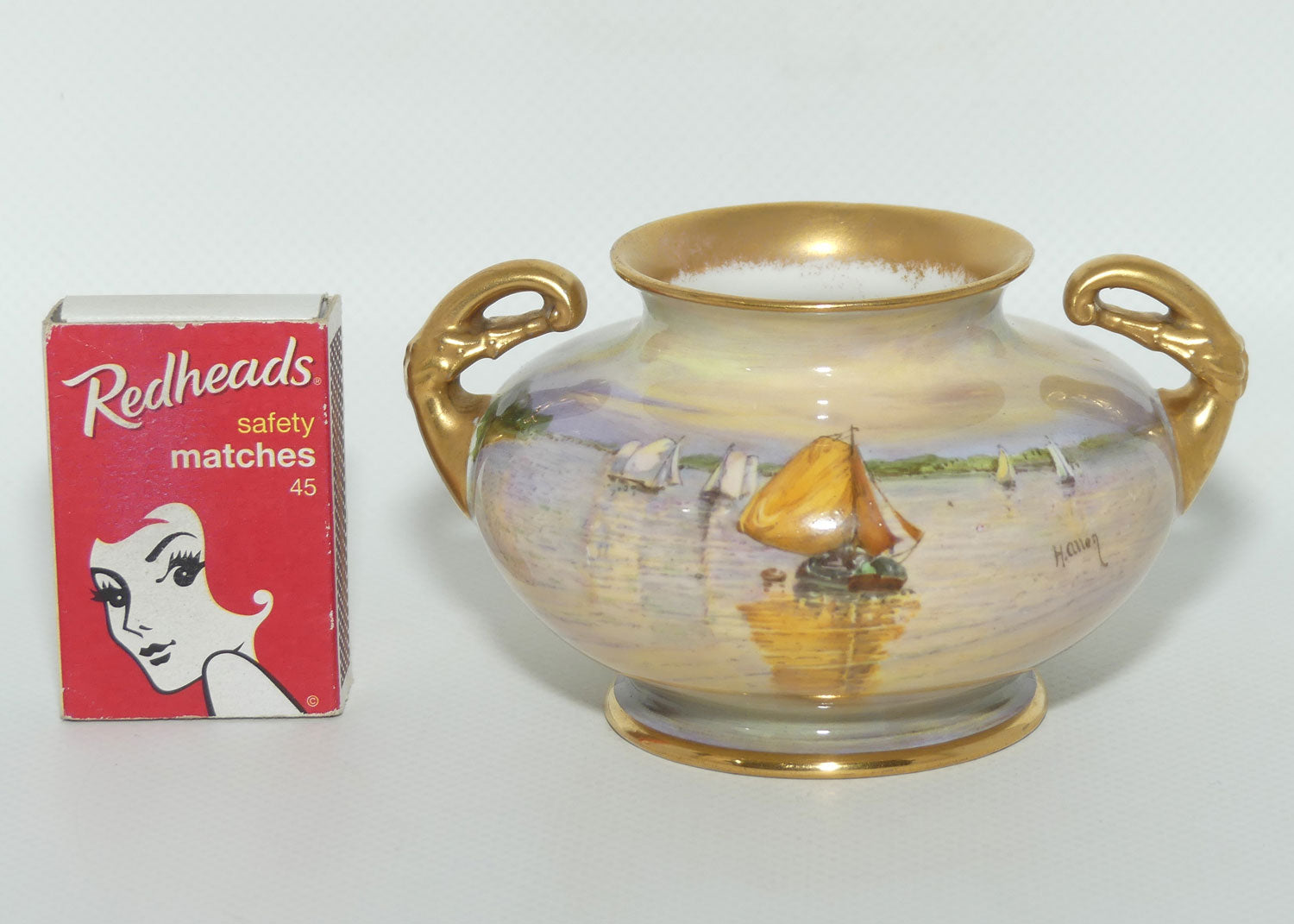 Royal Doulton hand painted and gilt Sailboats twin handled vase | H Allen