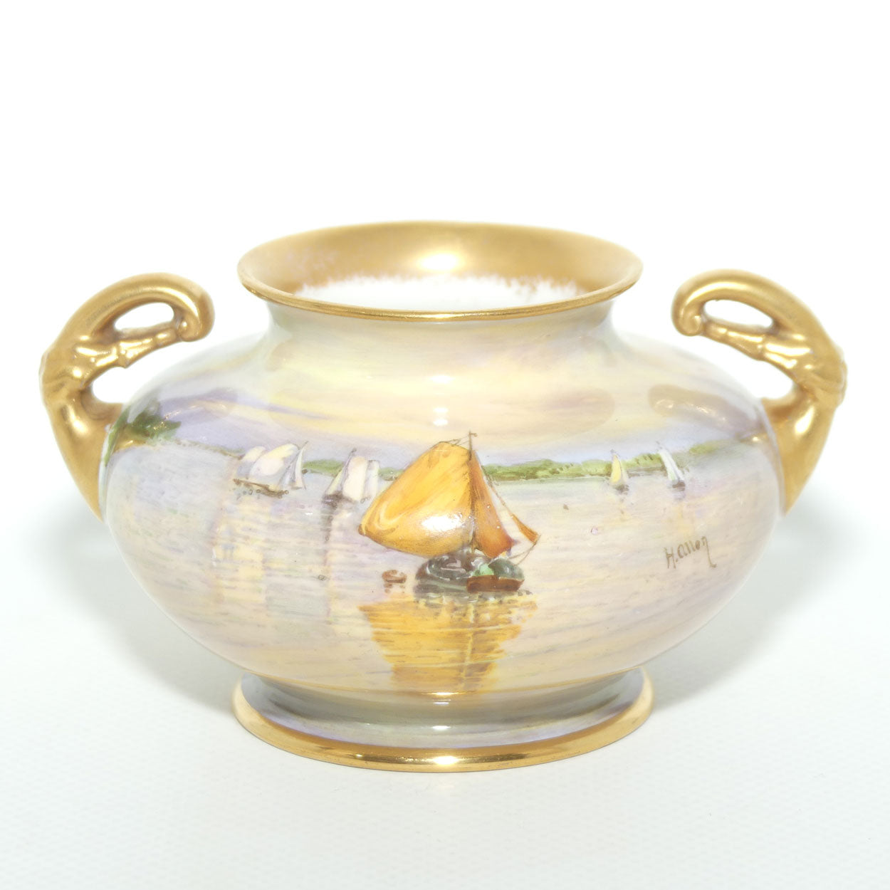 Royal Doulton hand painted and gilt Sailboats twin handled vase | H Allen