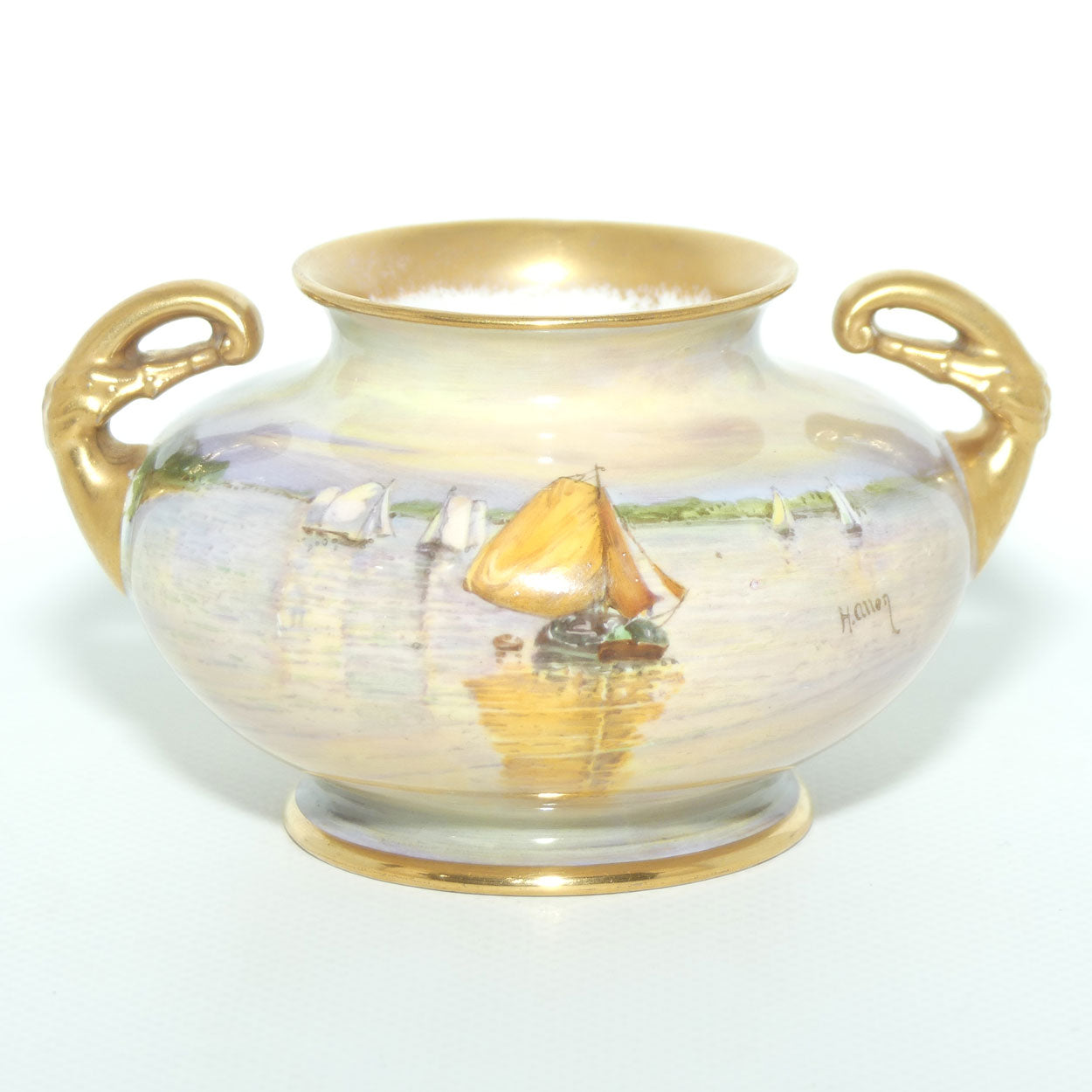 Royal Doulton hand painted and gilt Sailboats twin handled vase | H Allen