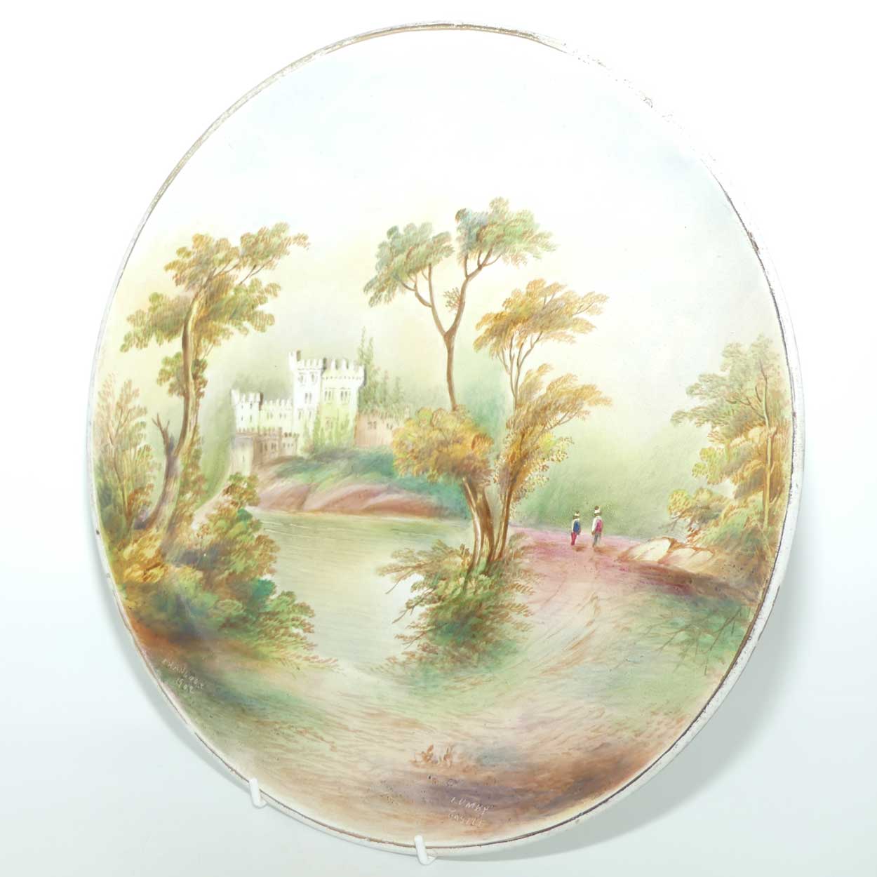 English Staffordshire plaque with hand painted Harewood Castle | Lumby Castle scene signed Henry Harry Sampson Hancock 1902