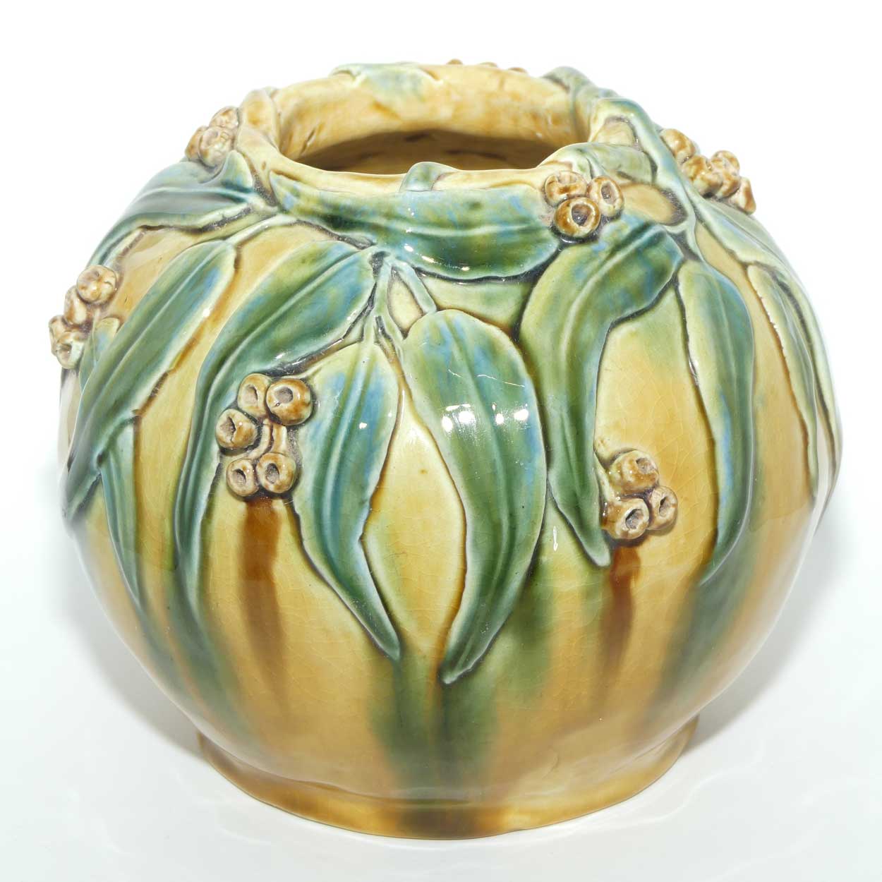 Australian Pottery | Hand Built Gum Nuts and Gum leaves ball vase signed R.W.