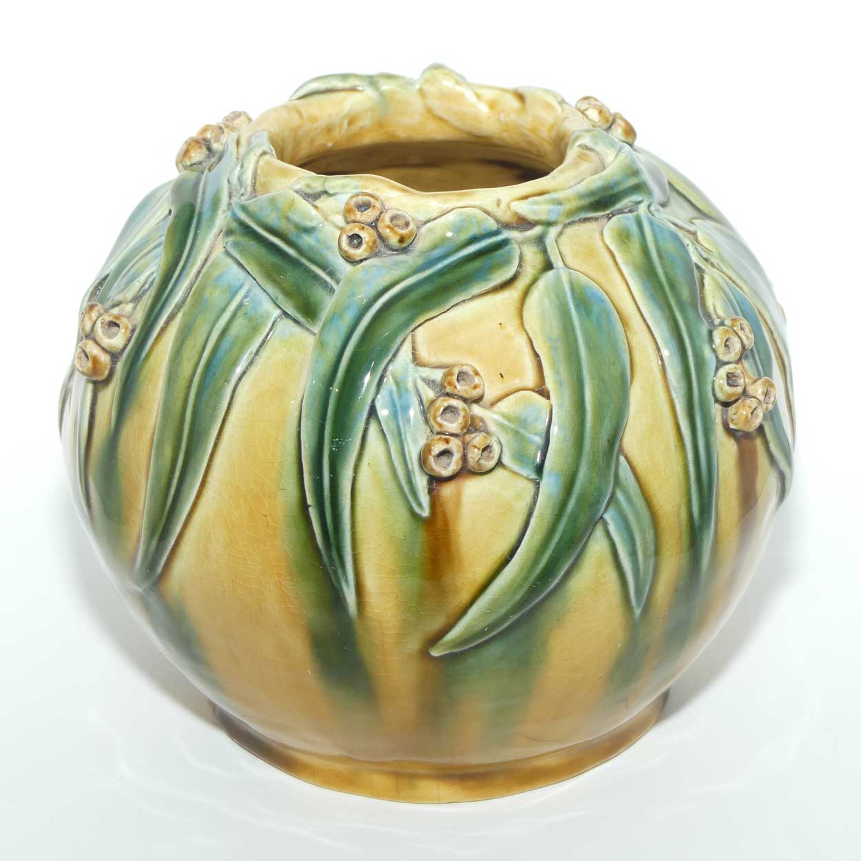 Australian Pottery | Hand Built Gum Nuts and Gum leaves ball vase signed R.W.