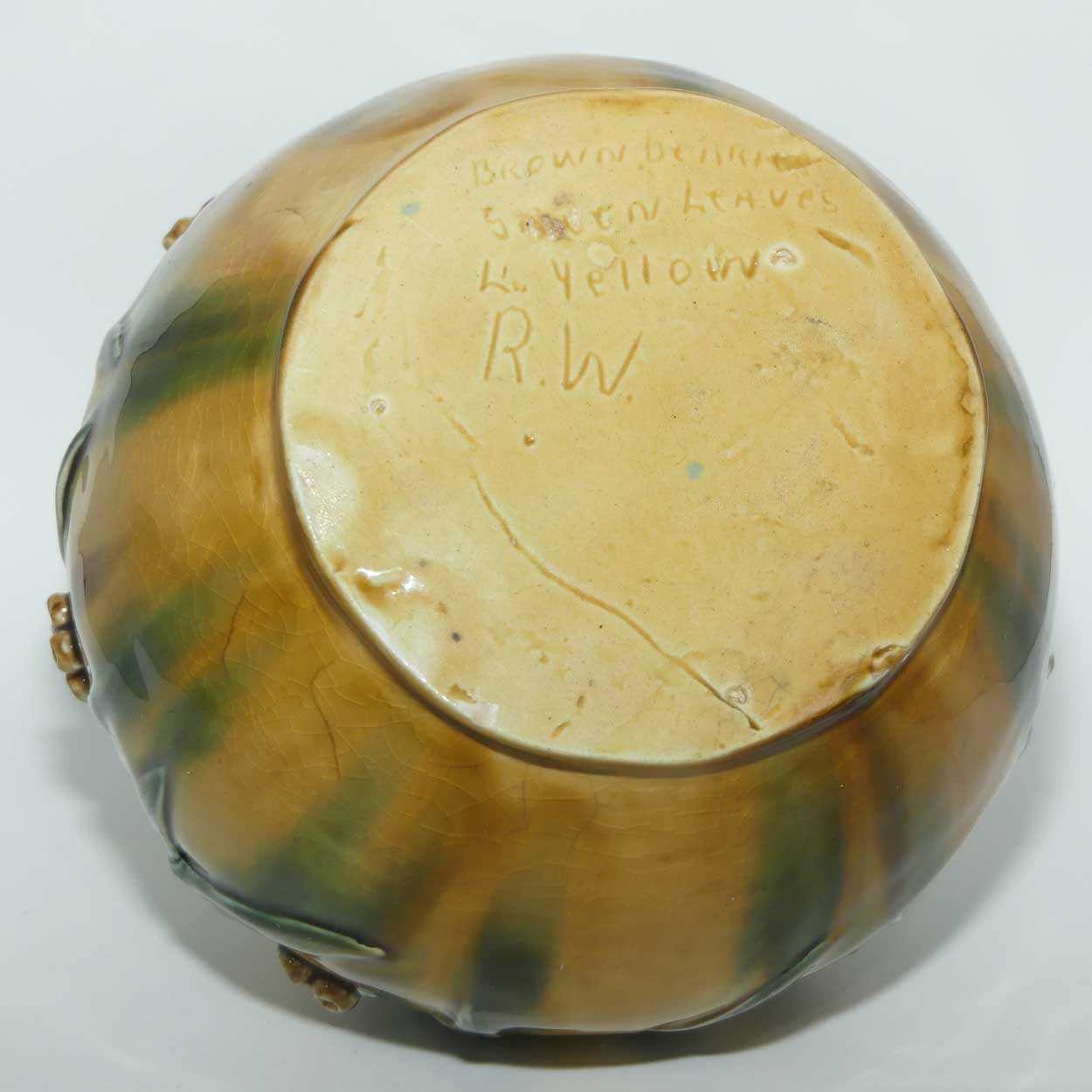 Australian Pottery | Hand Built Gum Nuts and Gum leaves ball vase signed R.W.