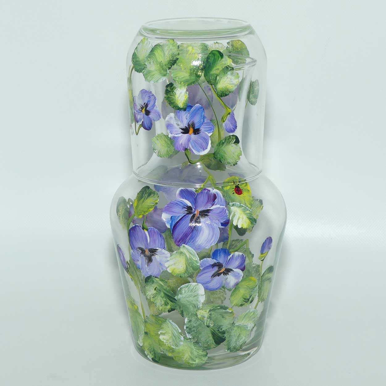 Hand Painted Pansy decoration bedside carafe and tumbler