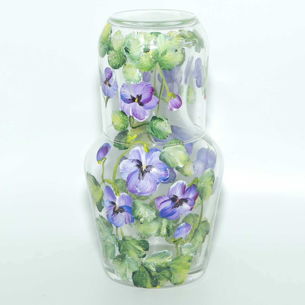 Hand Painted Pansy decoration bedside carafe and tumbler